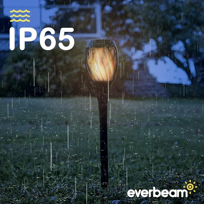 Everbeam P2 Solar Flickering Flame Torch Light - Automatic IP65 Waterproof Solar Tiki Lights with A Stunning Realistic Flame & Distinctive Lampshade - Quick No Tool Installation - 1 Pack