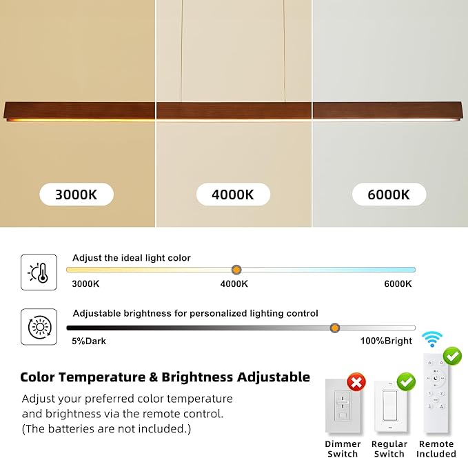 43" Wood Linear Pendant Light, 24W Hanging Pendant Light, Dimmable Modern Led Pendant Lighting, Adjustable Wood Linear Chandeliers for Dining Room, Kitchen Island, Bar, Pool Table-Walnut