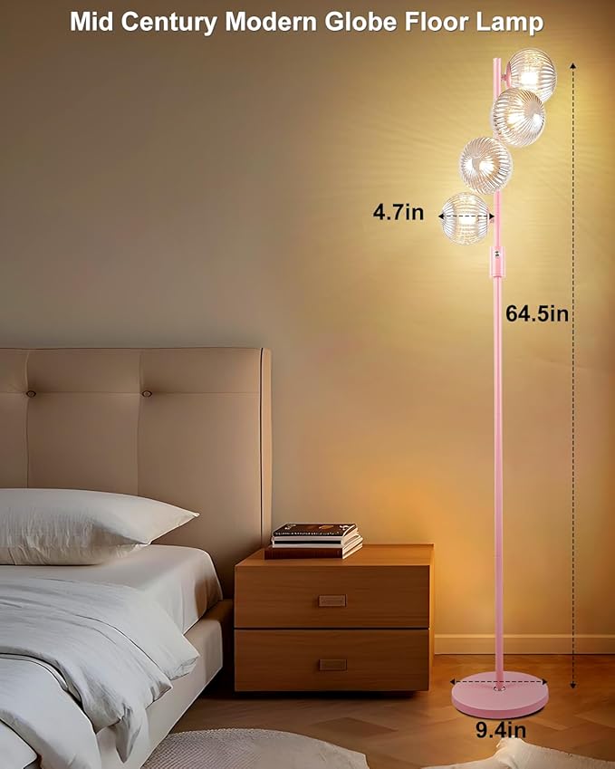 Lightdot 64IN Dimmable Floor Lamp with Globe Clear Glass Shade, Modern Pink Standing Lamps with 4PCS 3000K Bulbs Included, Mid Century Floor Lamp for Living Room Bedroom//Sofa Beside/Corner Decor
