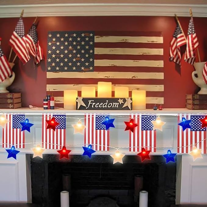 Red White Blue Stars String Lights, 8.5Ft 4th of July Decorations Lights with 10 Red White Blue Lights, Plug in Stars String Lights Outdoor for Independence Day Memorial Patriotic Party Gift Decor