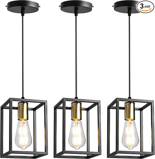 3 Pack Farmhouse Black and Gold Pendant Lights, Hanging Lamps for Living Room Entryway Foyer Indoor, Cage Lantern Kitchen Island Dining Room Light Fixture, Modern Matte Black Industrial Iron Light