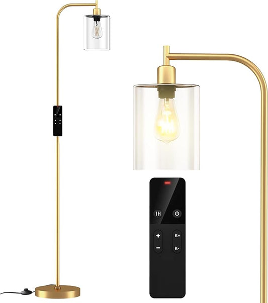 Industrial Floor Lamp with Glass Shade, Modern Dimmable Floor lamp with Remote LED Bulbs, Tall Lamp for Living Room Corner, Bedroom, Office (Gold)