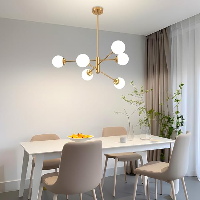 Sputnik Chandelier, Gold Modern Chandeliers, Mid Century Ceiling Lighting Fixture 6-Lights with Milk White Glass Shade for Living Room, Kitchen, Bedroom, Dining Room, and Farmhouse