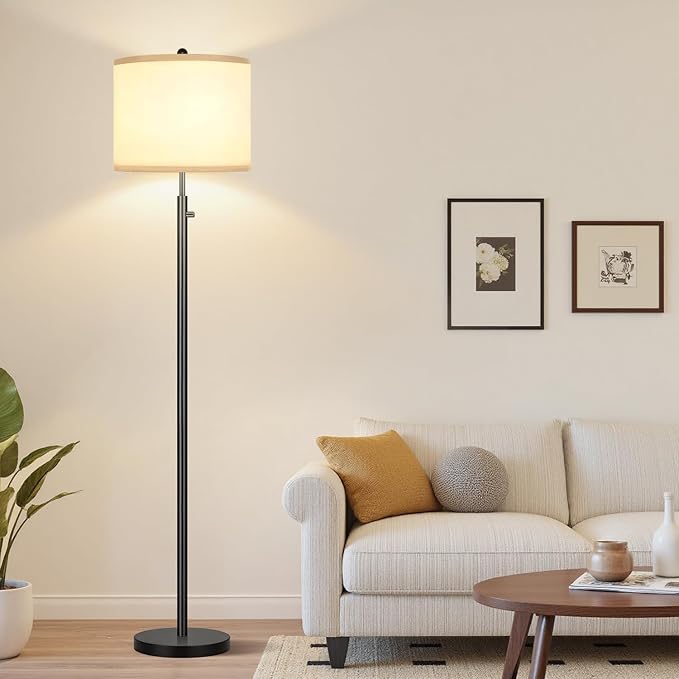 Nintiue 【Upgraded】 Dimmable Floor Lamp for Living Room, 11W LED Bulb Included, Modern Standing Lamp, Tall Pole Light with Linen Shade for Bedroom Reading Office Corner Nursery-Black