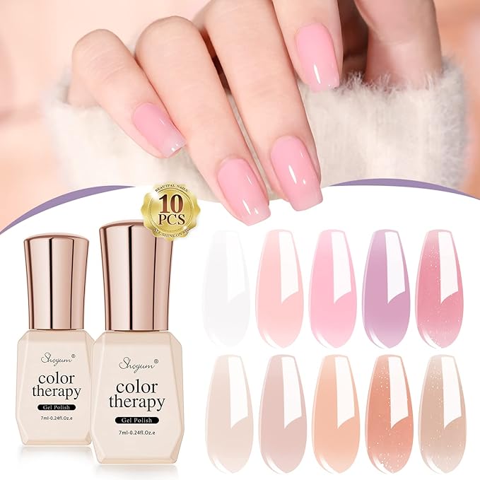 Jelly Pink Gel Nail Polish Set of 10 Colors Including Pink Purple Milky White Nude Gel Polish Kit UV LED Soak Off Nail Polish Home DIY Manicure Nail Salon Varnish