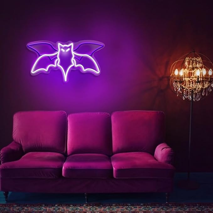 Bat Neon Sign – Flying Bat LED Wall Sign for Halloween, Gothic Room Decor, Witchcraft Festival Decor, Horror Party Wall Art, 15" x 7.7"