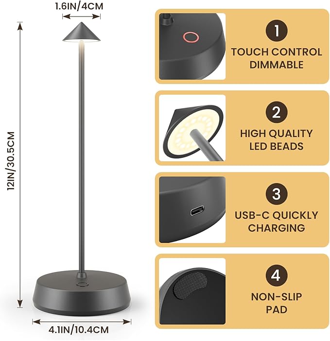 Cordless Table Lamps Rechargeable, 6000mAh LED Battery Operated Desk Lamp, Portable Outdoor Waterproof Touch Stepless Dimmable Wireless Table Light for Dining Restaurant Home Patio (Grey-1PC)