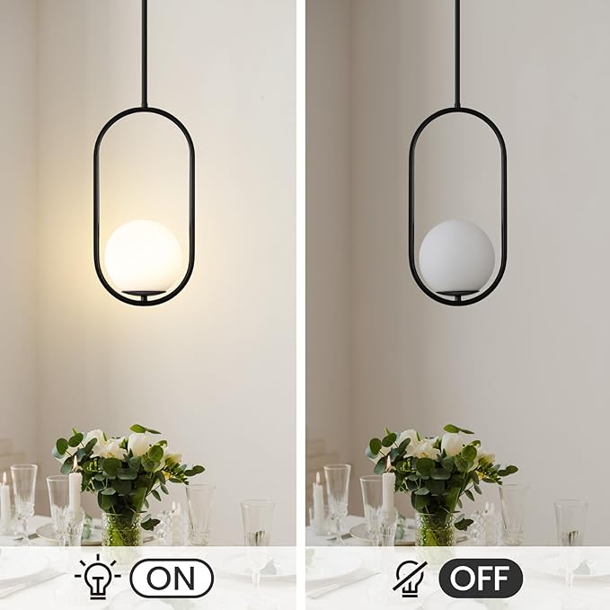 Yunnix 1-Light Modern Black Globe Pendant Lights Kitchen Island | Milk Glass Hanging Lamp for Kitchen Island, Dining Room, Bedroom, Living Room (Bulb Not Included)