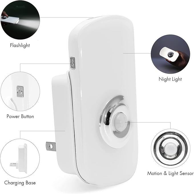 Sensky 3-in-1 Motion Sensor Night Light Plug in, Rechargeable Flashlight, Emergency Light for Bedroom, Bathroom, Living Room, Stairways, Hallways - Cool White