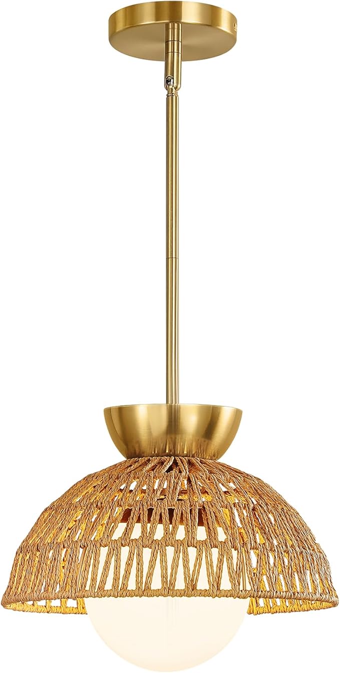 Rattan Pendant Light, 11.8" Hand Woven Boho Pendant Light Fixture with Milk Glass Globe, Gold Kitchen Pendant Lighting Over Island Adjustable Chandelier for Dining Room Hallway Foyer