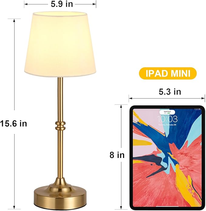 Kakanuo Rechargeable Cordless Table Lamp Gold - 1 Pack Brass 4000mAh Battery Operated Lamp, Touch Control Stepless Dimming, for Home Decor, Dining Table, Living Room, Bedroom