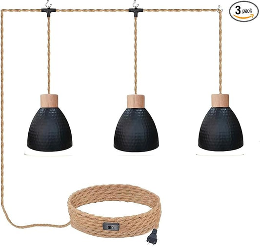 3-Light Plug in Pendant Light 22FT Industrial Hanging Lamp with Twisted Hemp Rope Independent Triple Switch Hanging Light Chandelier for Dining Room Kitchen, Black Finish