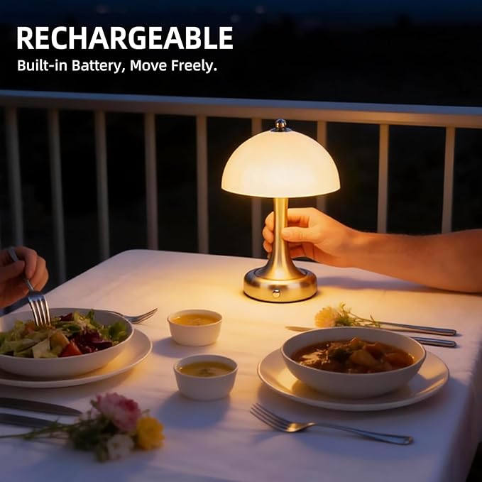 Rechargeable Cordless Table Lamp, Mushroom Touch Lamp with 3-Way Dimmable Control, 3000mAh Battery Powered LED Desk Lamp, Small Bedside Lamp for Bedroom, USB Charging, Home & Office Decor, Gold
