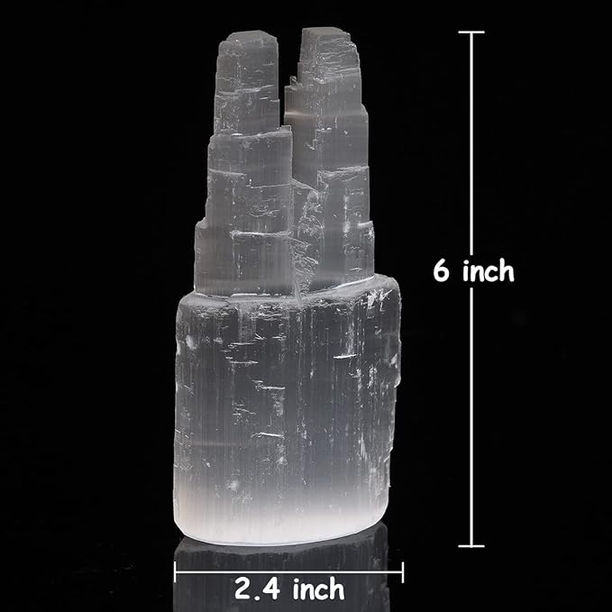 JIC Gem USB Selenite Skyscraper Healing Crystal Lamp 6 Inch with Wooden LED Light Stand Base