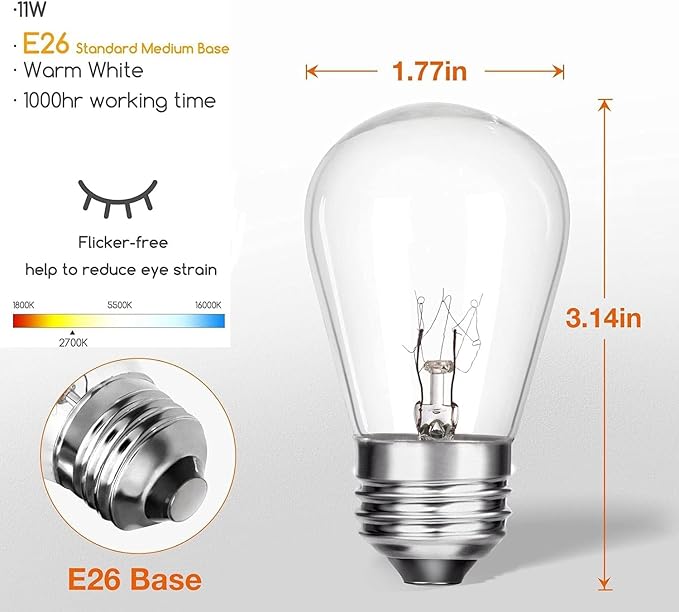 S14 Replacement Bulbs, 120V 11W Clear Glass Light Bulbs fits E26 Medium Standard Base, S14 Incandescent Bulbs for Indoor Outdoor Patio Decor String Lights, Warm White. 20 Pack