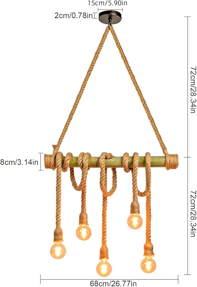 Arturesthome 5 Heads Vintage Bamboo Chandeliers Hemp Rope Pendant Light Fixture, Unique Rustic Industrial Hanging Lamp for Bedroom Restaurant Cafe Bar Decoration