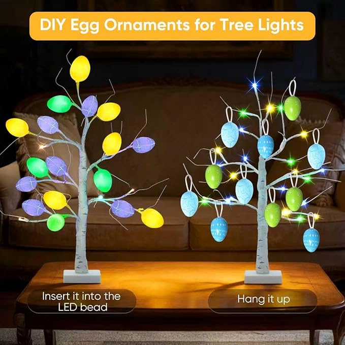 Easter Decorations Set of 2 Lighted 24 Inch Artificial Tree with 24pcs Easter Eggs, Colorful Easter Decor LED Lights, Light Up Tabletop Bonsai Tree for Table Home Holiday Spring Decors