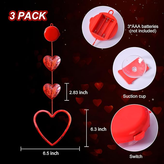 3 Pack Valentines Day Window Lights Decorations with Timer, Battery Powered Hanging Red Lighted Heart Shaped Silhouette Sucker LED Lamp for Fireplace Indoor Home Decor