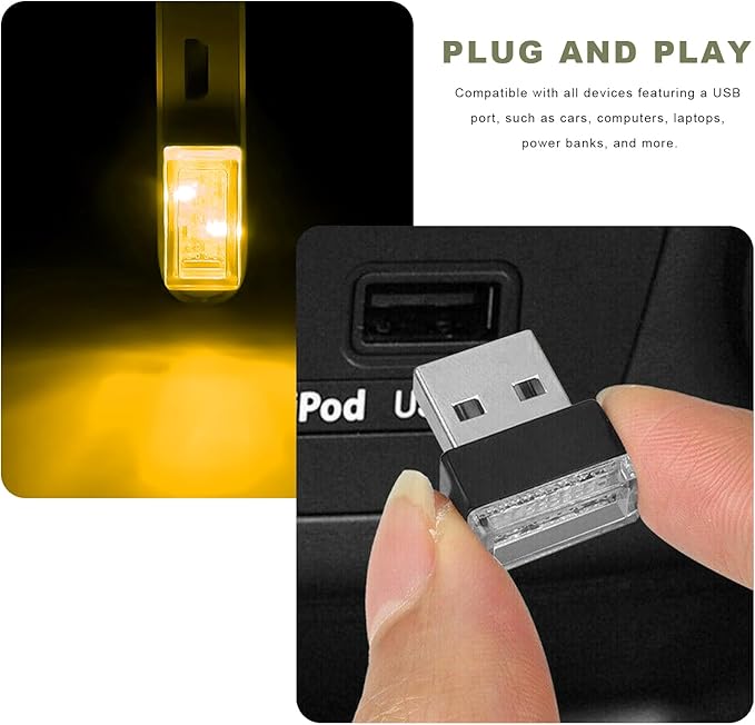 4 PCS USB LED Car Interior Atmosphere Lamp, Mini Night Light Plug-In Trunk Ambient Lighting Kit, Portable USB Interface LED Lamp Interior Decoration for Vehicle Home Office (Yellow)