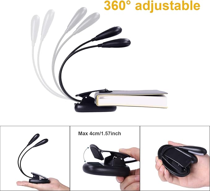 2 Pack Rechargeable Music Stand Light, Clip on Reading Light, 8 LED Book Lamp, 3-Level Brightness for Eye Protection, Perfect for Piano, Orchestra, Bookworms, Craft (White & Warm, Dual Arm)