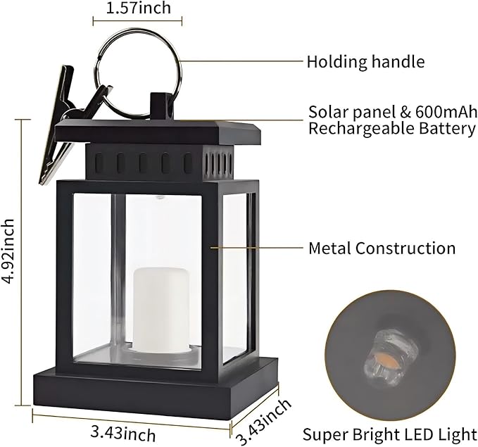 Solar Outdoor Lantern LED Portable Rechargeable Table Lamp 3000K Warm Light Nightstand Lamp Waterproof Cordless USB Solar 2in1 Hand Light for Patio, Black