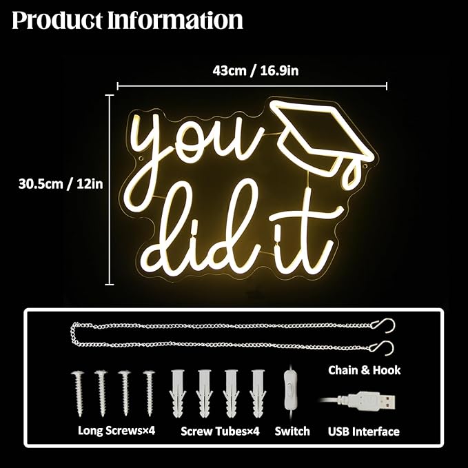 Congrats Grad Neon Sign You Did It LED Neon Light Sign Warm White Congrats Light up Sign Background Neon Signs for Wall Decor Celebrate Neon Lights for Class of 2026 Graduation Party Decor