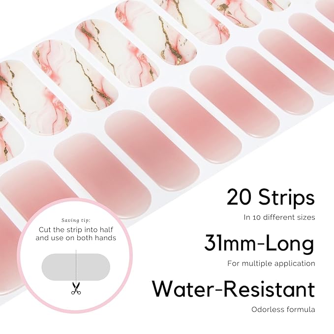 Semi Cured Gel Nail Strips - NAILOG 20 Pcs Pale Pink Nail Stickers Extra Long Wraps with Glossy Gel Finishing, Like A Feather