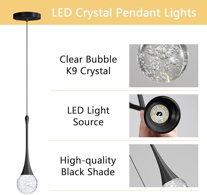 Modern Pendant Lights for Kitchen Island LED Dimmable Crystal Glam Ceiling Pendant Lighting for Dining Room Hallway Bedroom Corner Lamp Black