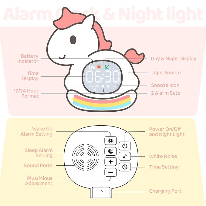 Alarm Clock with Night Light for Kids with Sleep Training and Sound Machine, Rechargeable Silicone Lamp OK to Wake Clock，Cute Animal Tabletop Lamp, Perfect Sleep Companion for Boys Girls,Pink Pony