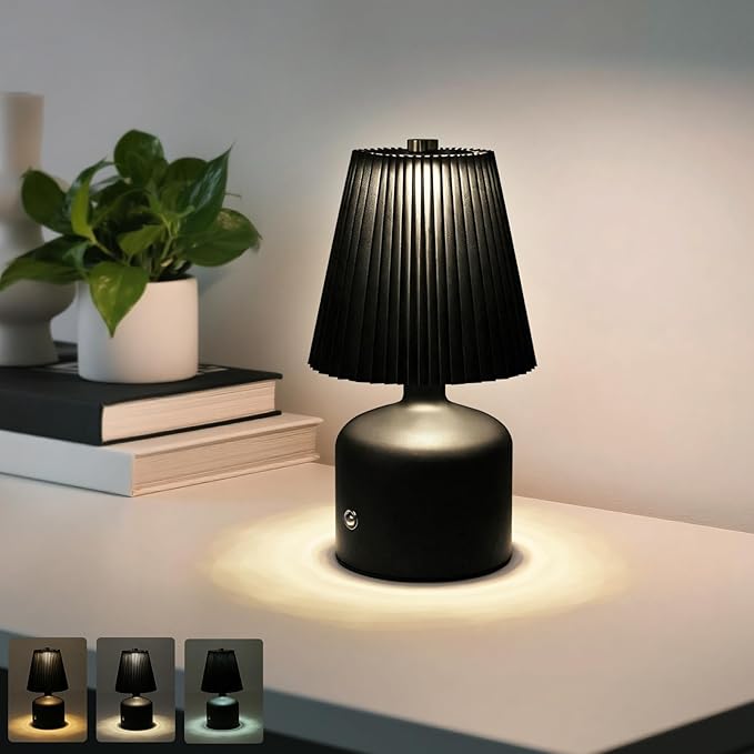 Small Cordless Table Lamp Rechargeable Desk Lamp, 3 Color Stepless Dimming, Metal Base Pleated Table Lamp for Bedside, Bedroom, Dining Room, Living Room (Black)