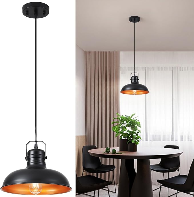 Industrial Pendant Light, 10.5 Inch Farmhouse Small Black and Gold Chandelier, Vintage Hanging Light Fixture with 71'' Height Adjustable Cord for Kitchen Island, Dining Room, Bedroom - 1 Pack