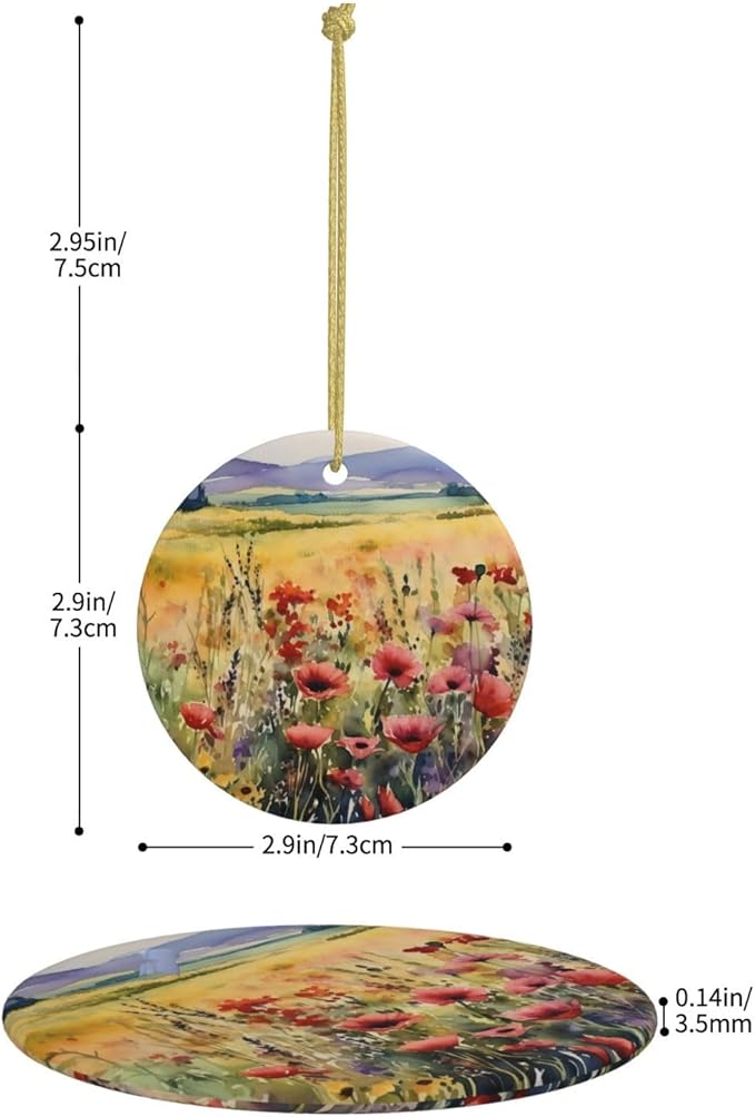 Watercolor Poppy Flowers Field Christmas Ornaments, Christmas Decorations Xmas Tree Hanging Ornaments, Round Ceramic Festive Keepsake Gift for Christmas Decorations Holiday Home Party Decors