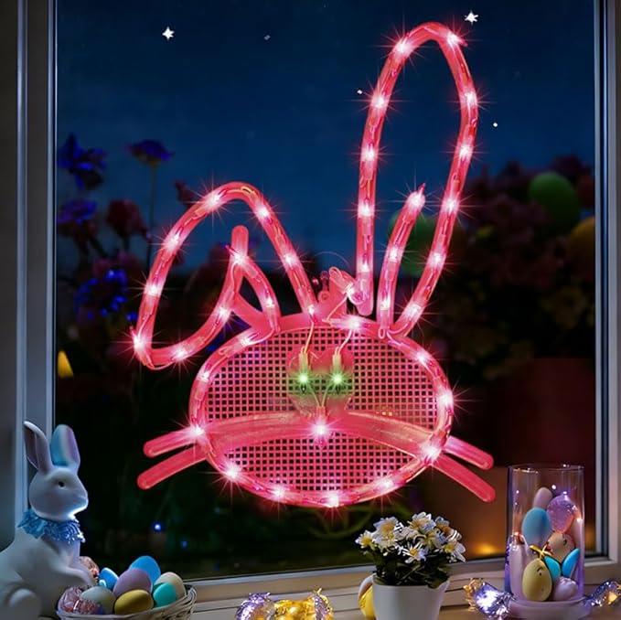 17" 40LED Lighted Pink Bunny Easter Decor, Soft Warm Glow for Window, 120V Plug-in, UL Certified, Beautiful Gift Box Packed