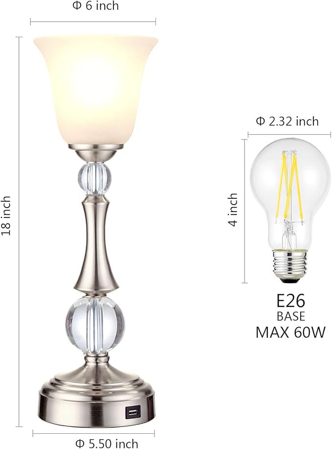 Touch Control Set of 2 Crystal Table Lamps with USB Charging Port, Bedside Nickel Desk Lamp and White Glass Shade for Bedroom Nightstand Living Room Side Table End Table, LED Bulb Included