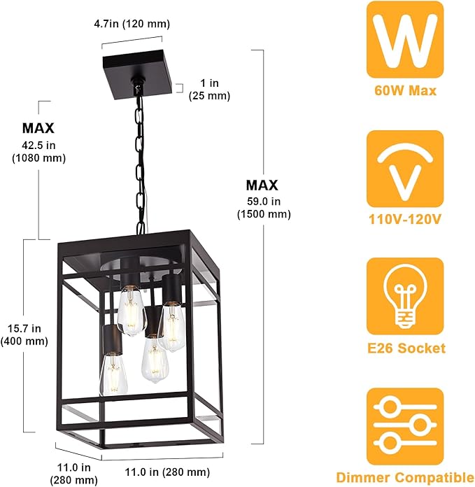 4-Light Outdoor Pendant Lights for Porch, Oil Rubbed Bronze Outdoor Chandelier 15.7'' Exterior Hanging Porch Light Fixtures w/Clear Glass, Waterproof Outside Pendant Lantern for Garage Foyer