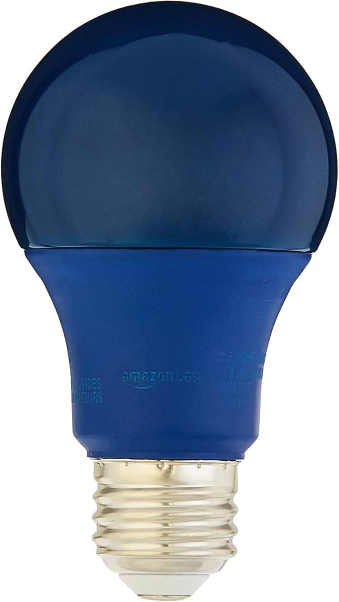 Amazon Basics A19 Blue Color Party LED Light Bulbs, 60W Equivalent, 9W Energy Efficient, E26 Standard Base, Non-Dimmable, 10,000 Hour Lifetime, 2-Pack