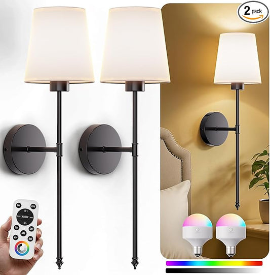 Wall Sconces Battery Operated Set of 2, Rechargeable Wall Sconce, 10 Colors Wireless Wall Sconces Set of Two, 5200mAh Dimmable Bulbs and Remote, for Bedroom Living Room, Hallway Decor (Black- 24 inch)