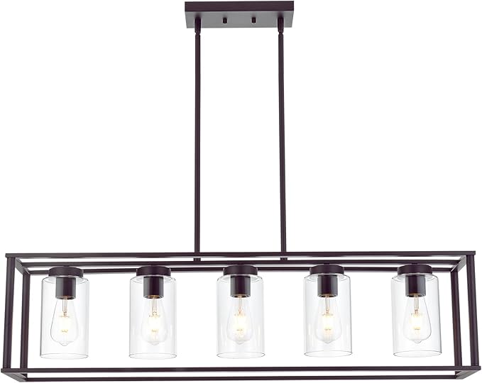 VINLUZ 5-Light Kitchen Island Chandeliers Oil Rubbed Bronze Modern Linear Cage Pendant Lighting with Clear Glass Shades Farmhouse Ceiling Light Fixtures Hanging for Dining Room Living Room