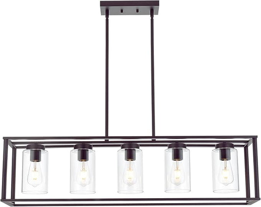 VINLUZ 5-Light Kitchen Island Chandeliers Oil Rubbed Bronze Modern Linear Cage Pendant Lighting with Clear Glass Shades Farmhouse Ceiling Light Fixtures Hanging for Dining Room Living Room