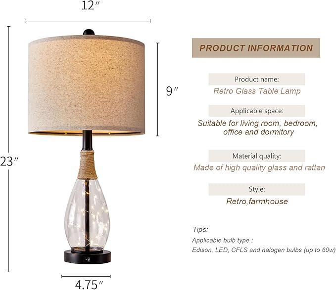 OYEARS 23" Farmhouse Table Lamps for Living Room,Boho Rattan Bedside Lamps with USB-C & USB-A Ports, Glass Nightlight, Dual Light Sources, Black