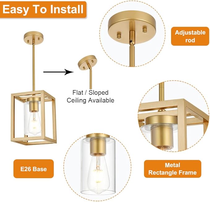 VINLUZ 1-Light Rustic Chandelier in Gold Finish Modern Industrial Pendant Lighting Fixture with Clear Glass Shade Hanging Ceiling Light for Dining Room