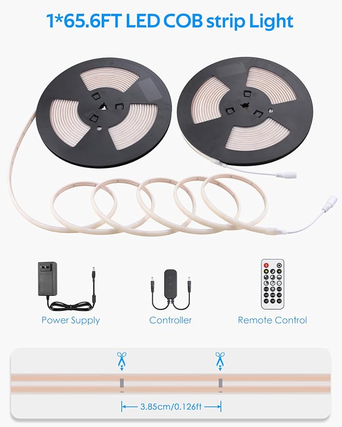65.6FT 24V Dimmable COB LED Strip Light Waterproof Outdoor Warm White 6000K High Density 320LED/M Bluetooth Flexible LED Tape Light with Remote for Bedroom Cabinets Garden CRI90+ (20M/2roll)