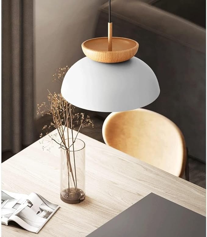 Scandinavian Modern Nordic Pendant Light with Wood Accent, Metal Dome & Frosted Globe Diffuser Suspension for Dining Table, Kitchen Island, Bedroom, Café and Entryway(White)