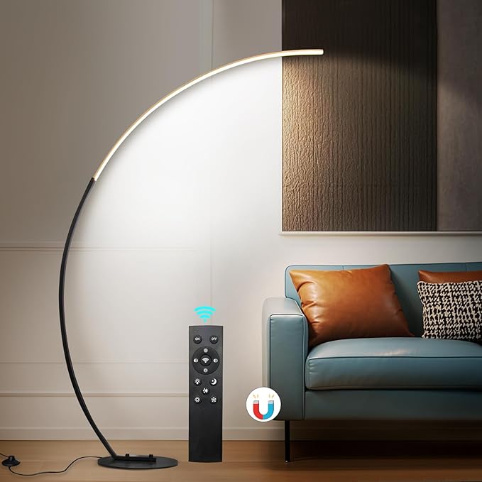 Modern LED Arc Floor Lamp Dimmable,Black Gold Arched Floor Lamp Standing Lamp with Remote for Living Room Bedroom Office Corner