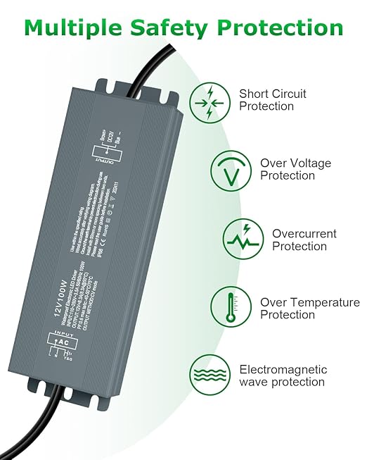 100W 110-240V to 12V 8.3A LED Driver - Extra Long 10.8FT 110V to 12V Converter with Plug - Constant Voltage Output - Waterproof for LED Light String