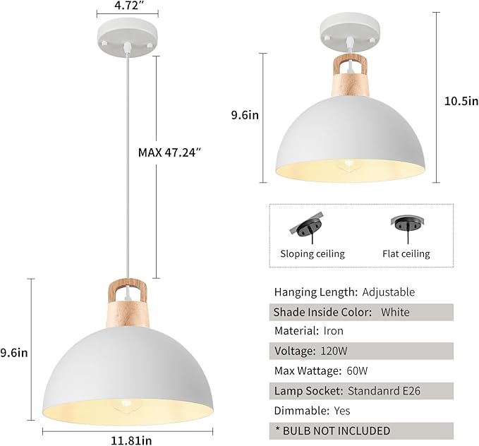 Farmhouse Pendant Light; 3 Packs 11.8 inch White Pendant Light; Kitchen Pendant Lights; Industrial Pendant Lighting; Pendant Lights Kitchen Island for Bedroom; Living Room; Library; Office