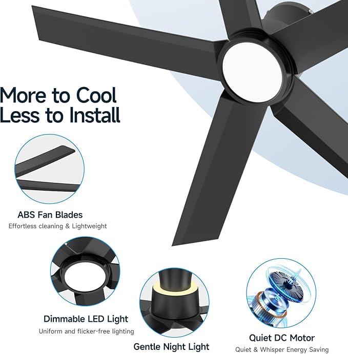 ocioc 44 Inch Ceiling Fans with Lights, Large Air Volume Ceiling Fan with Nightlight, Ultra Quiet Reversible DC Motor with Remote（Black）