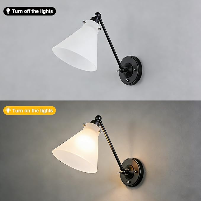 Industrial Vintage Slope Pole Wall Mount Single Sconce with Funnel Flared Clear Glass Shade, Swing Arm Wall Sconce Light Lamp Fixture Hardwired