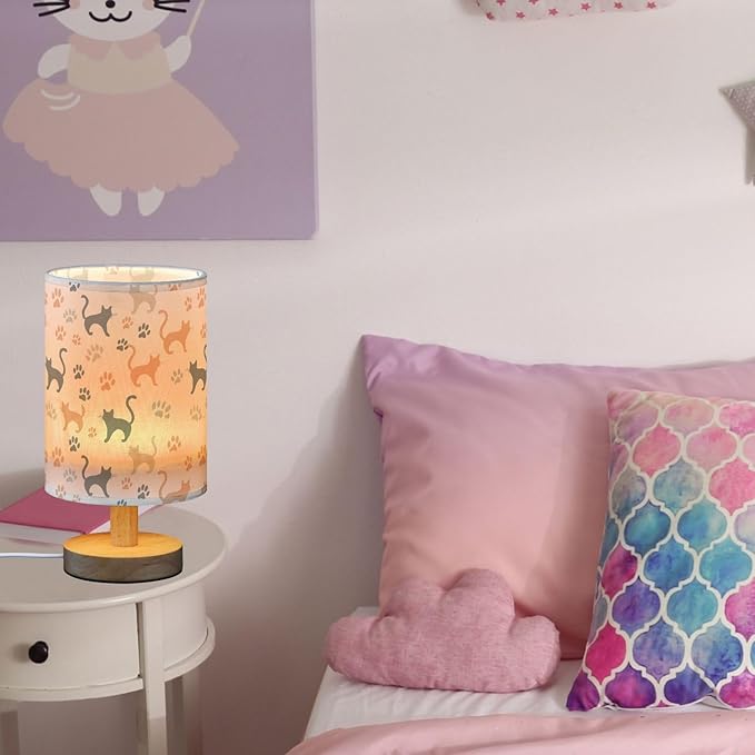 Colorful Cute Cat Silhouette and Paw Prints Bedside Table Lamps with USB Port for Bedroom Lamp Accent Table Lamp Small Nightstand Lamp Linen Shade Decorative Lamps for Kids|Reading|Dome|Home