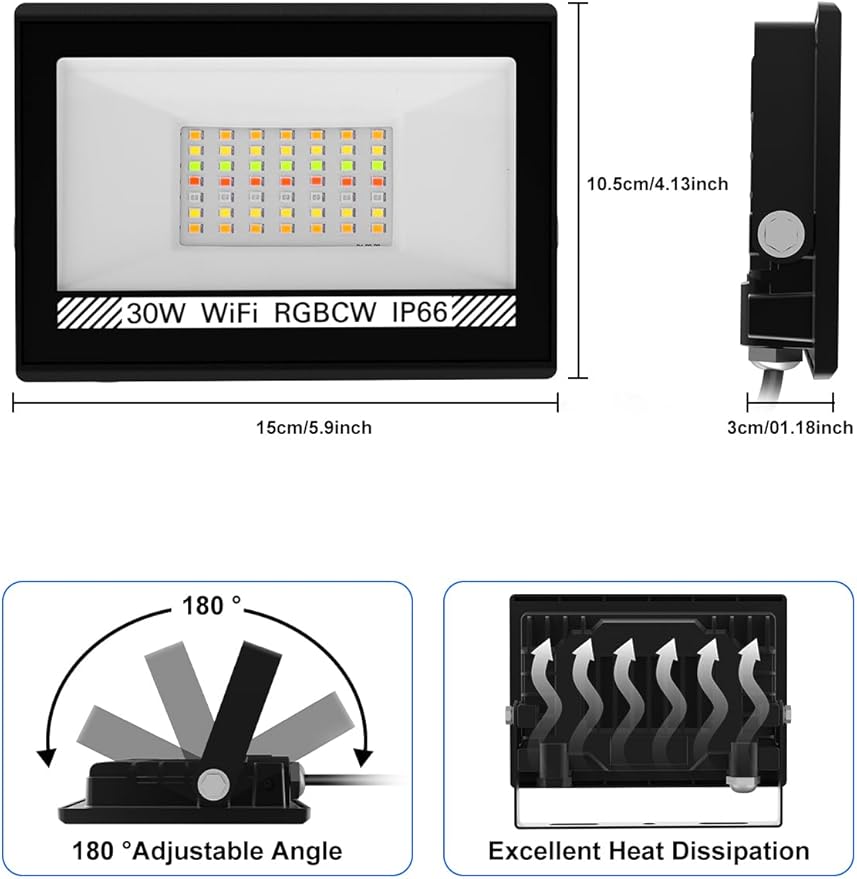RGB LED Flood Light Outdoor 300W Equivalent, 30W Bluetooth RGBCW Smart Floodlights 2700K, 16 Million Color Changing, Timing, Music Sync, IP66 Waterproof Landscape Lighting with US Plug (4 Pack)